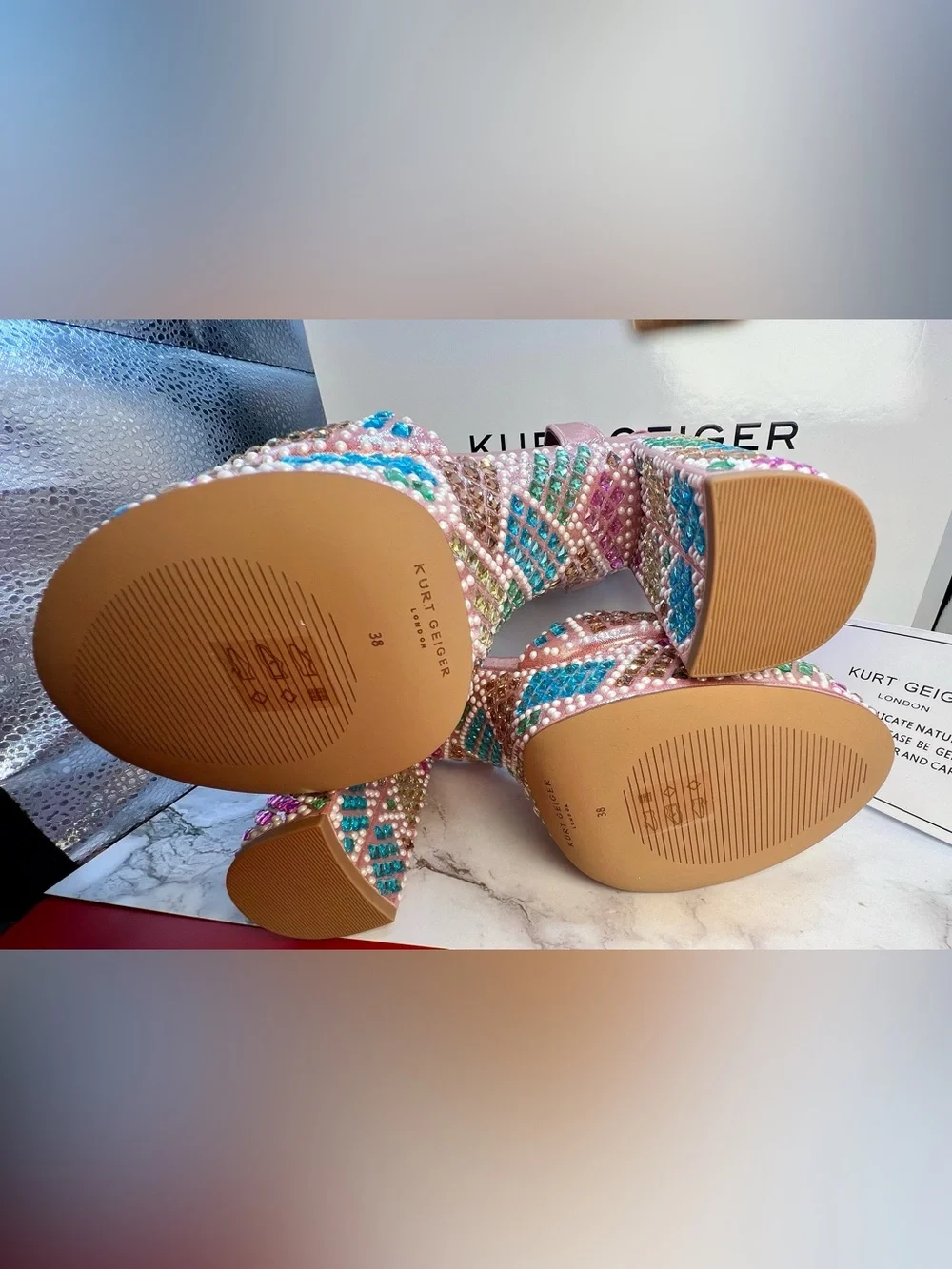 Kurt Geiger London Brixton Multicolor Jeweled Platform Sandals Open Pink. Sz 7.5